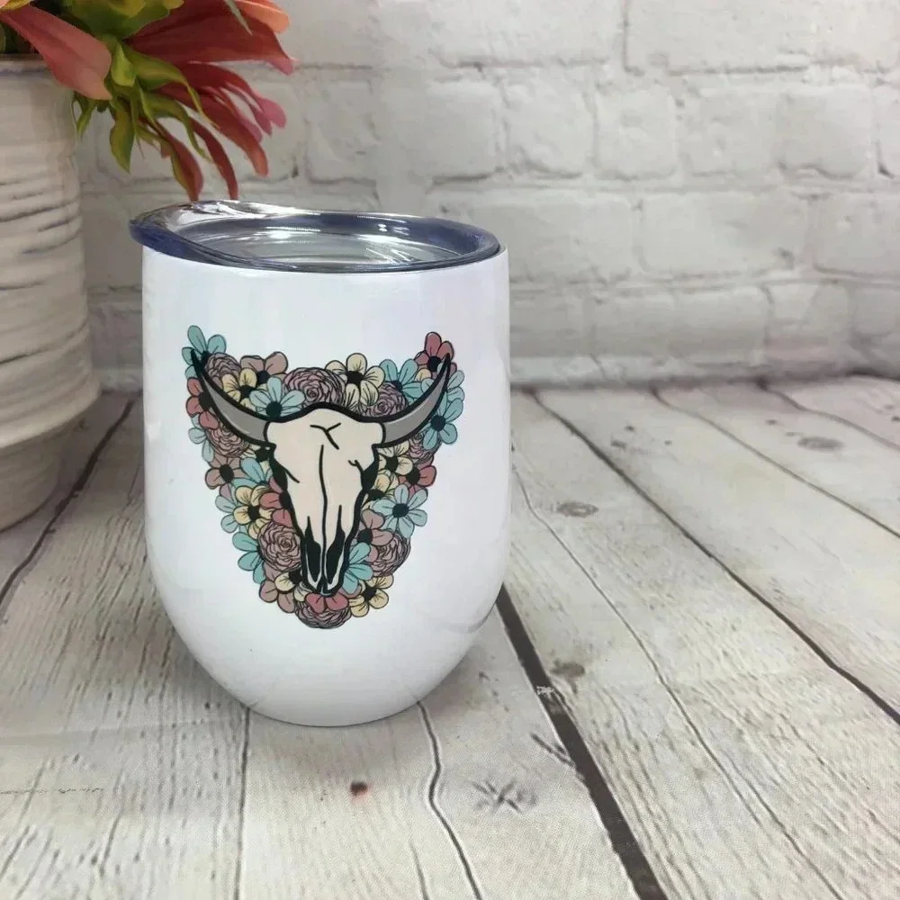 Boutique NWT Stemless insulated wine tumbler cow skull steer bull boho western
